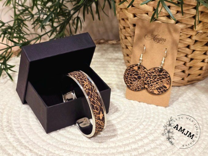 Bracelet 10 mm et boucles d'oreilles liège imprimé reptile