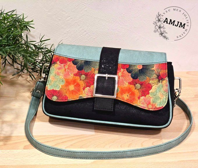 Sac Juanita en liège fleuri, liège noir et simili vert