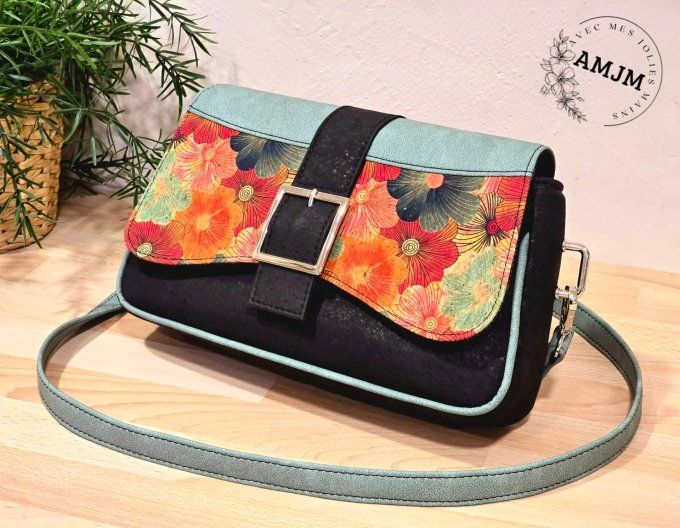 Sac Juanita en liège fleuri, liège noir et simili vert