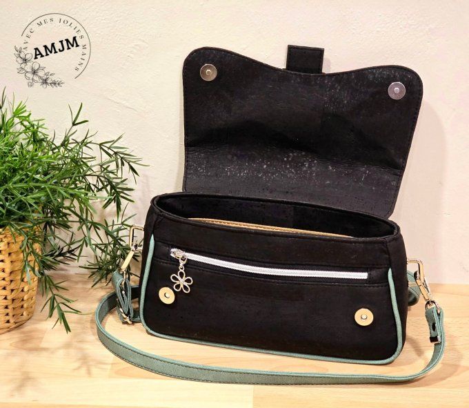 Sac Juanita en liège fleuri, liège noir et simili vert