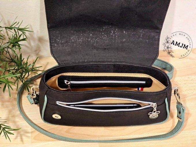 Sac Juanita en liège fleuri, liège noir et simili vert