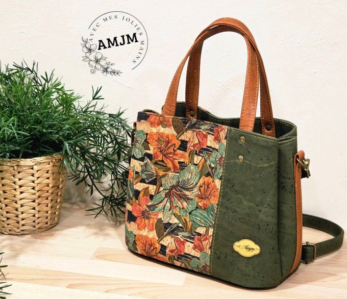 Sac Soraya en liège fleuri et liège kaki