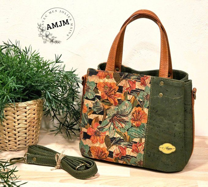 Sac Soraya en liège fleuri et liège kaki