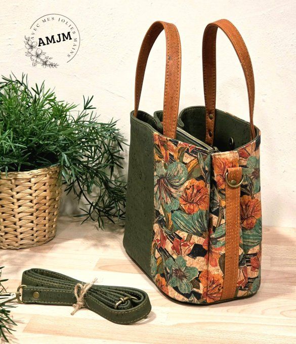 Sac Soraya en liège fleuri et liège kaki