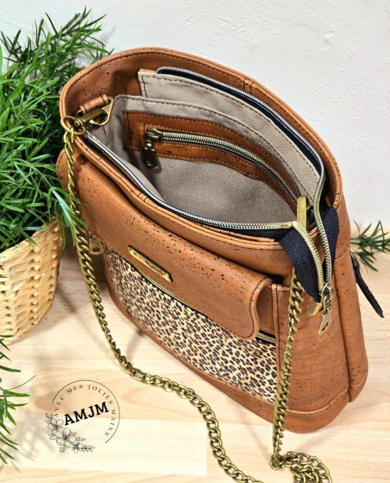 Sac Brunette en liège caramel et liège imprimé léopard
