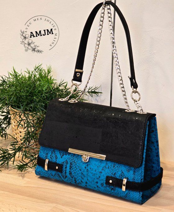 Sac Posh en simili croco bleu et liège noir