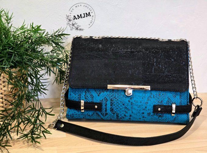 Sac Posh en simili croco bleu et liège noir