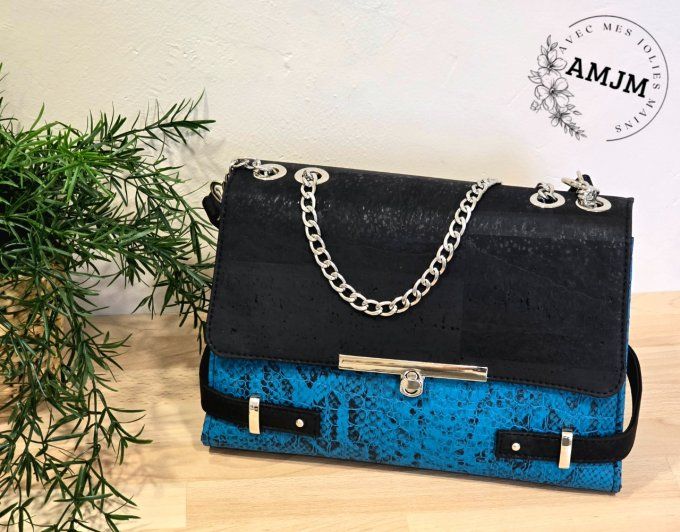 Sac Posh en simili croco bleu et liège noir