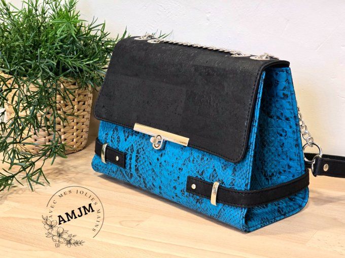 Sac Posh en simili croco bleu et liège noir