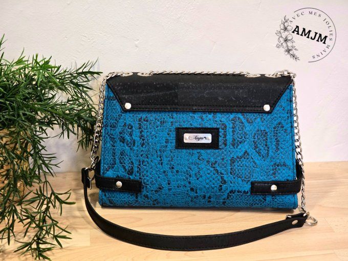 Sac Posh en simili croco bleu et liège noir