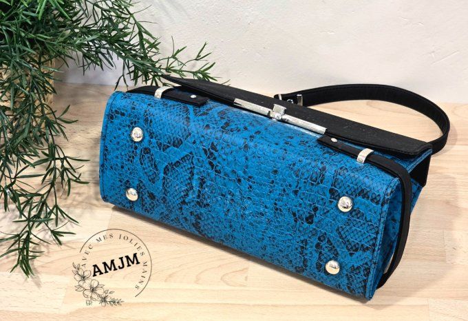Sac Posh en simili croco bleu et liège noir