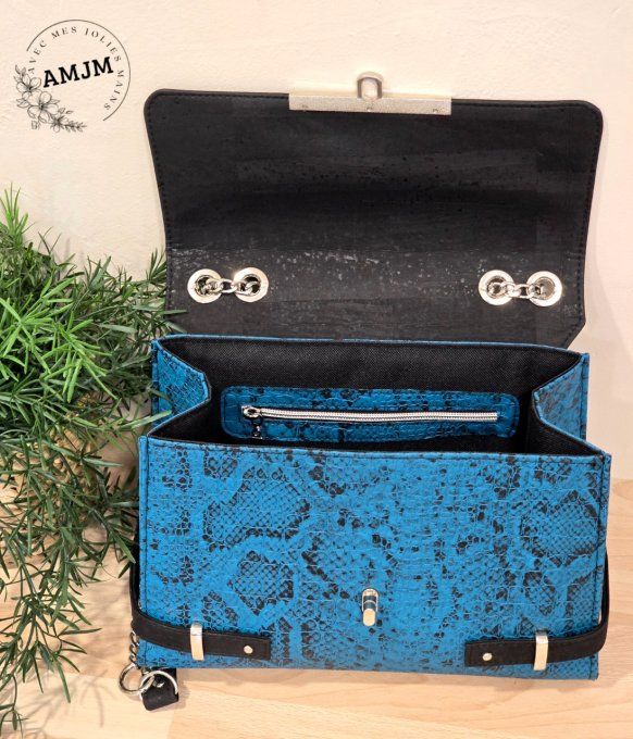 Sac Posh en simili croco bleu et liège noir