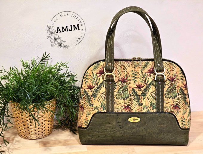 Sac Boronia en liège kaki et feuilles tropicales
