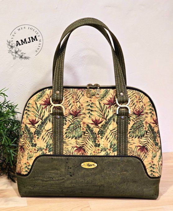 Sac Boronia en liège kaki et feuilles tropicales