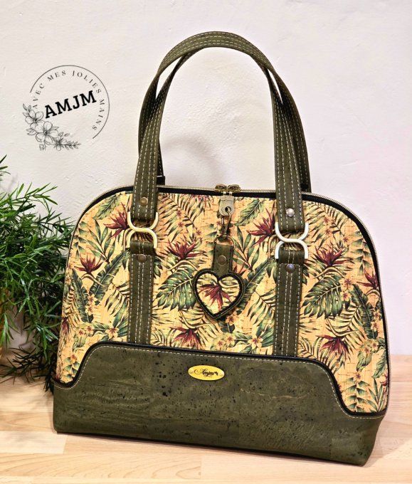 Sac Boronia en liège kaki et feuilles tropicales