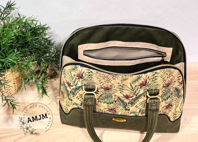 Sac Boronia en liège kaki et feuilles tropicales