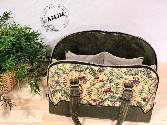 Sac Boronia en liège kaki et feuilles tropicales