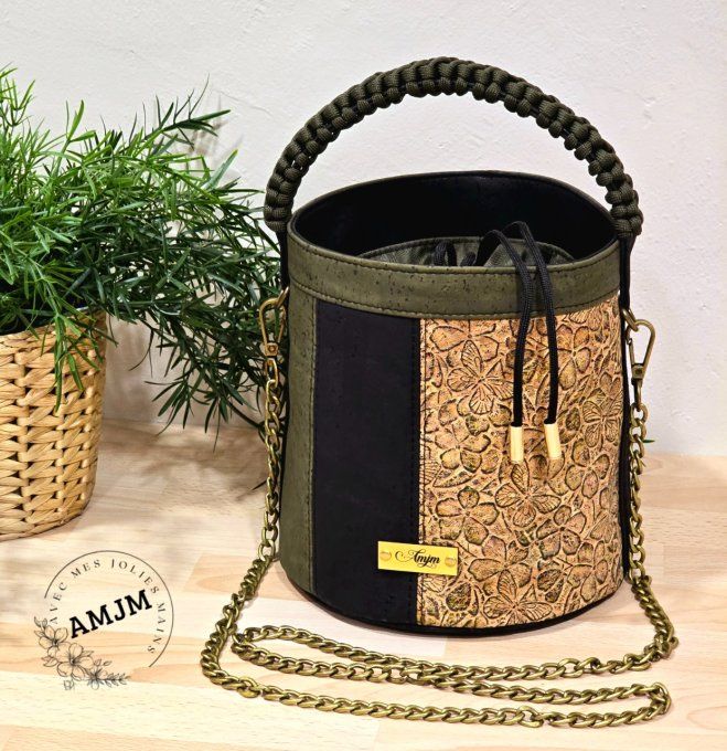 Sac Carla en liège embossé fleurs, kaki et noir