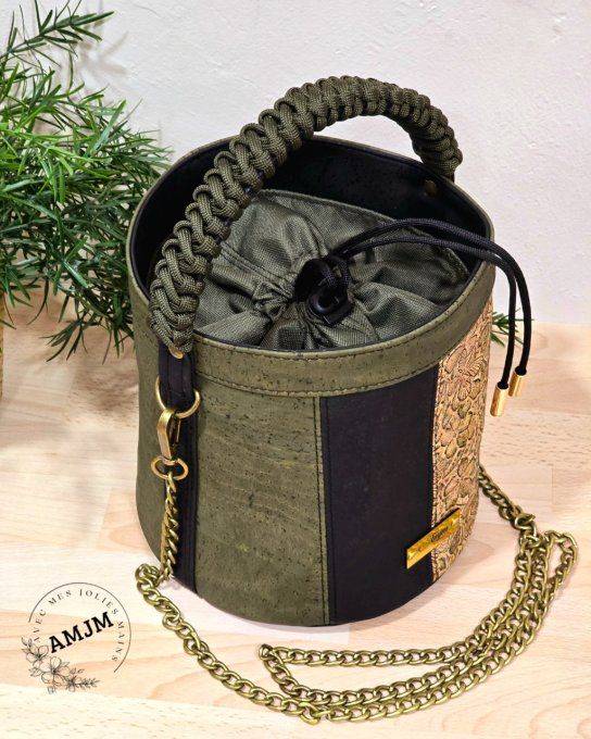 Sac Carla en liège embossé fleurs, kaki et noir