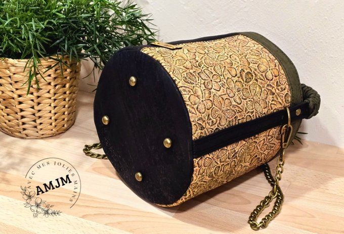 Sac Carla en liège embossé fleurs, kaki et noir