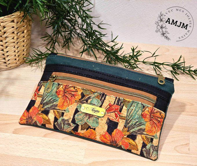 Pochette Summer en liège vert et liège fleuri