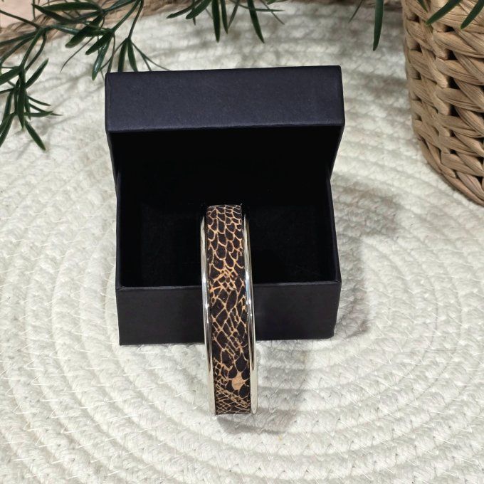 Bracelet manchette 10 mm argenté et liège imprimé peau de serpent