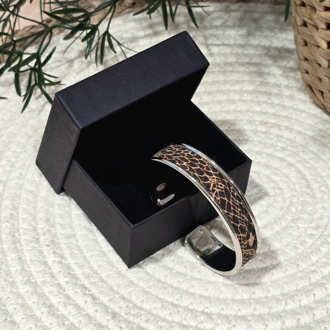 Bracelet manchette 10 mm argenté et liège imprimé peau de serpent