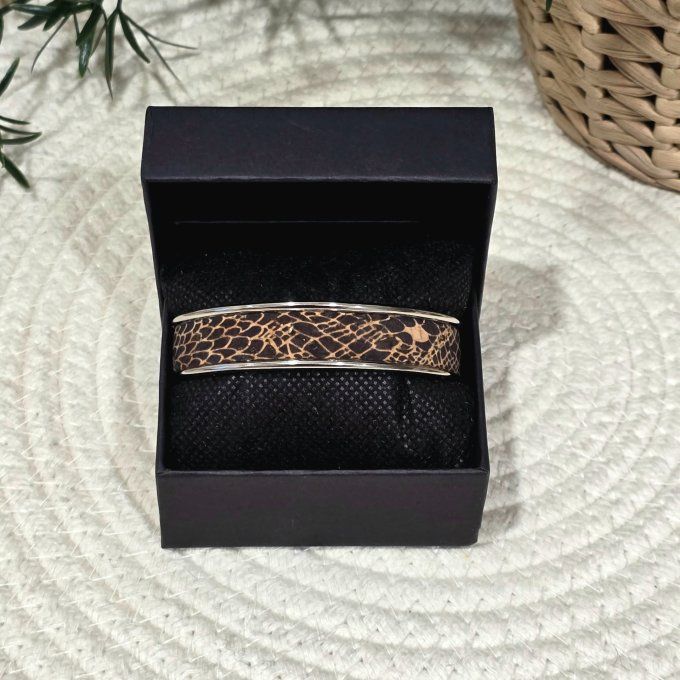 Bracelet manchette 10 mm argenté et liège imprimé peau de serpent