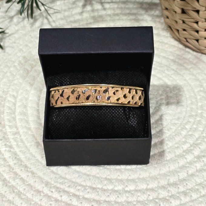 Bracelet manchette 10 mm doré et liège imprimé reptile