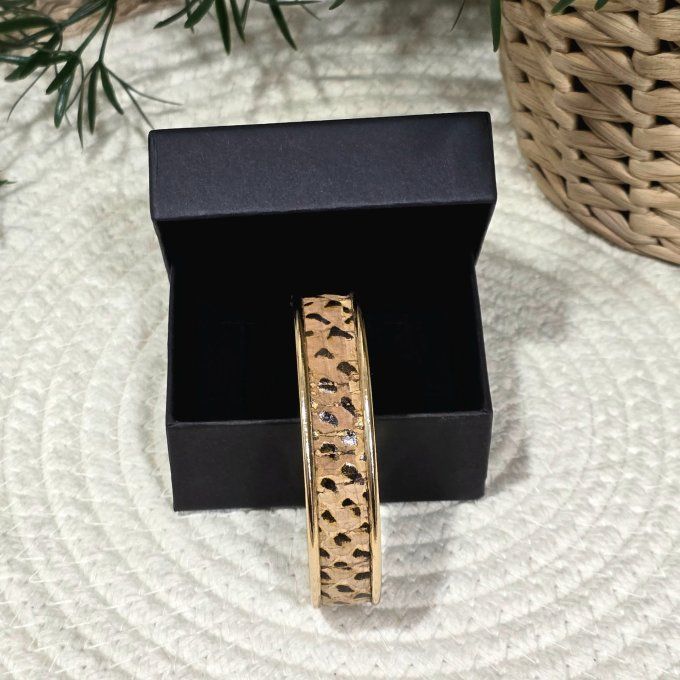 Bracelet manchette 10 mm doré et liège imprimé reptile
