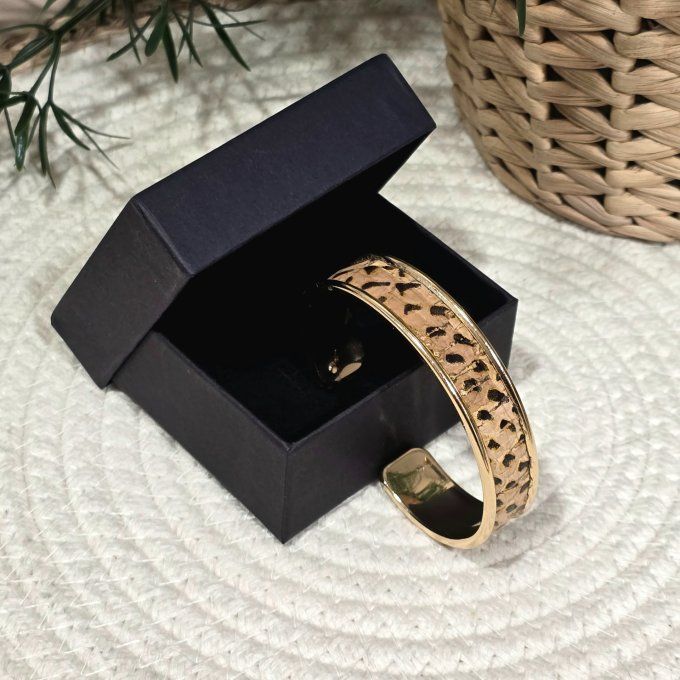 Bracelet manchette 10 mm doré et liège imprimé reptile