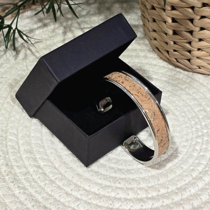 Bracelet manchette 10 mm argenté et liège aux éclats argentés