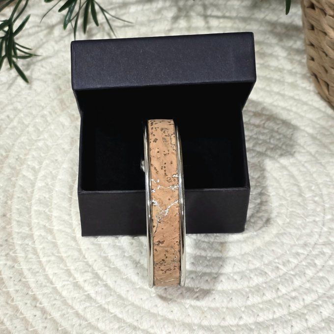 Bracelet manchette 10 mm argenté et liège aux éclats argentés