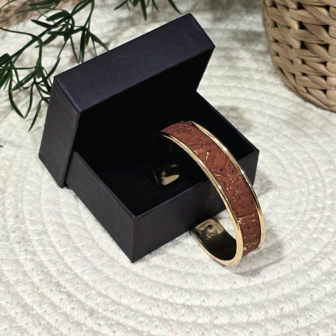 Bracelet manchette 10 mm doré et liège marron aux éclats dorés 