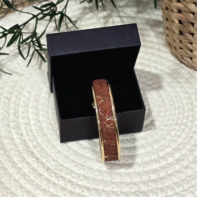 Bracelet manchette 10 mm doré et liège marron aux éclats dorés 