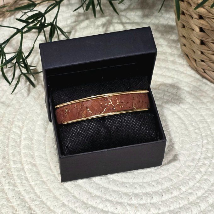 Bracelet manchette 10 mm doré et liège marron aux éclats dorés 