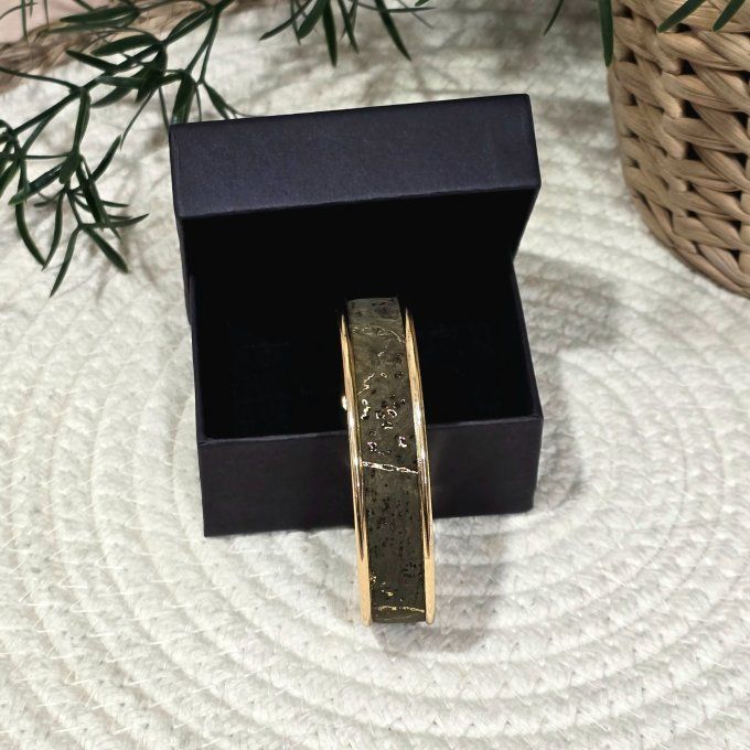 Bracelet manchette 10 mm doré et liège kaki aux éclats dorés 