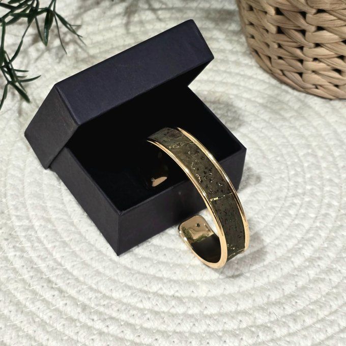 Bracelet manchette 10 mm doré et liège kaki aux éclats dorés 
