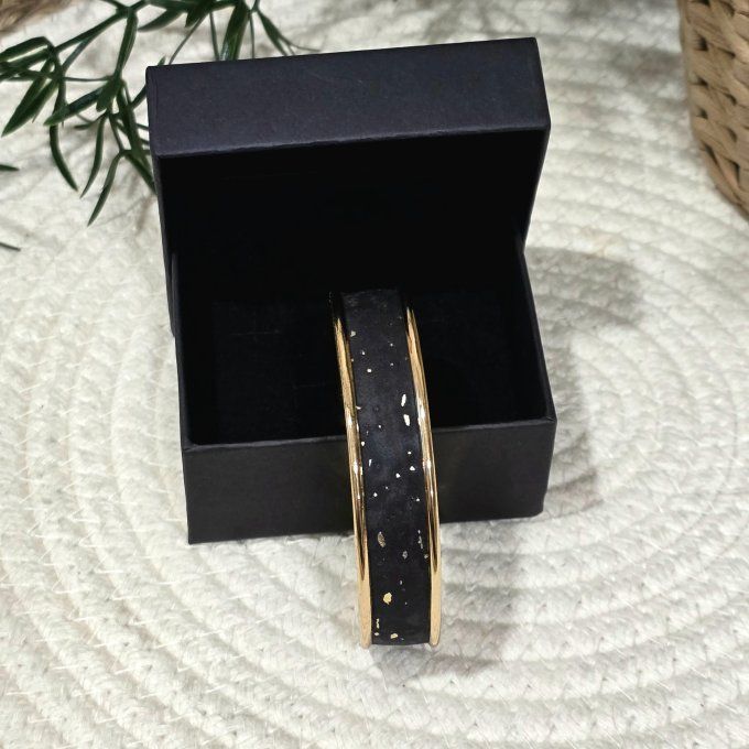 Bracelet manchette 10 mm doré et liège noir aux éclats dorés