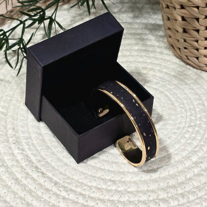 Bracelet manchette 10 mm doré et liège noir aux éclats dorés