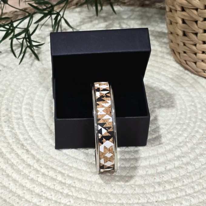 Bracelet manchette 10 mm argenté et liège imprimé motifs géométriques