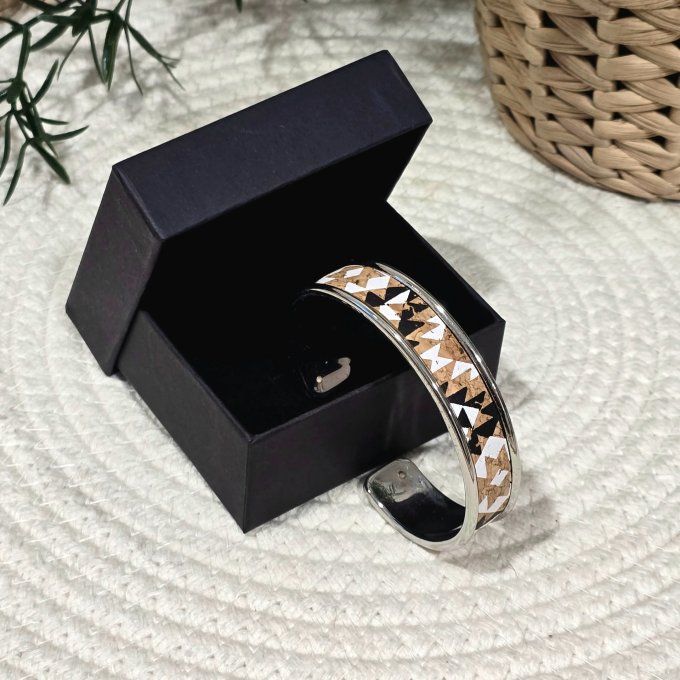 Bracelet manchette 10 mm argenté et liège imprimé motifs géométriques