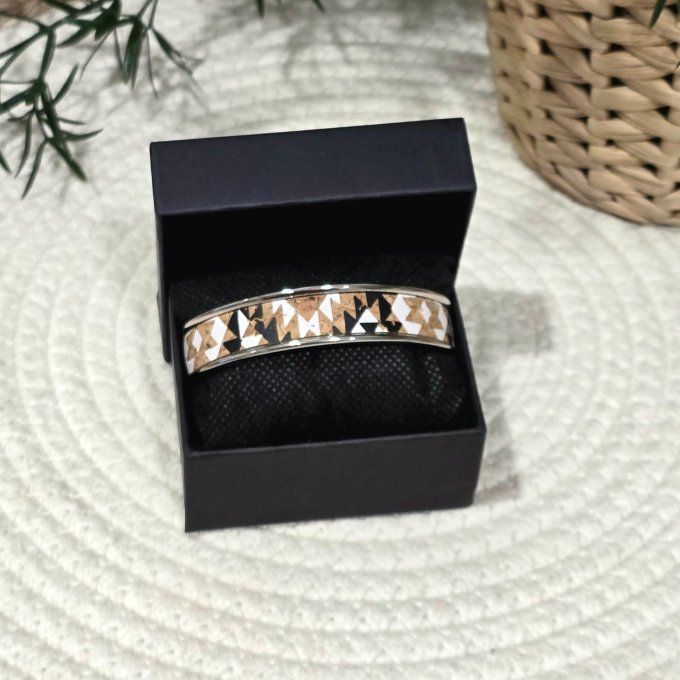 Bracelet manchette 10 mm argenté et liège imprimé motifs géométriques