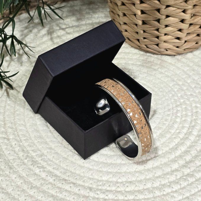 Bracelet manchette 10 mm argenté et liège 