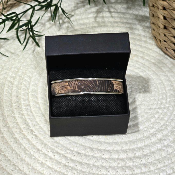 Bracelet manchette 10 mm argenté et liège imprimé fleurs