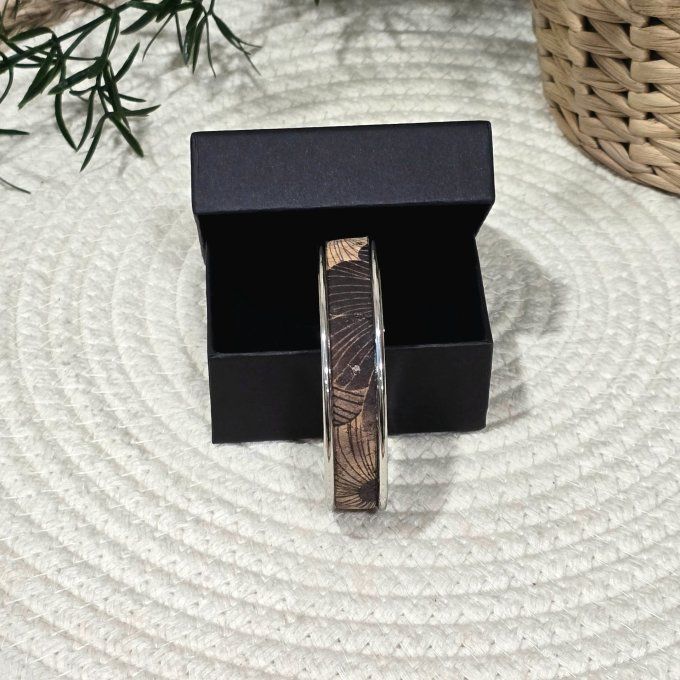 Bracelet manchette 10 mm argenté et liège imprimé fleurs