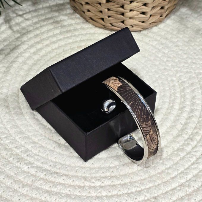 Bracelet manchette 10 mm argenté et liège imprimé fleurs