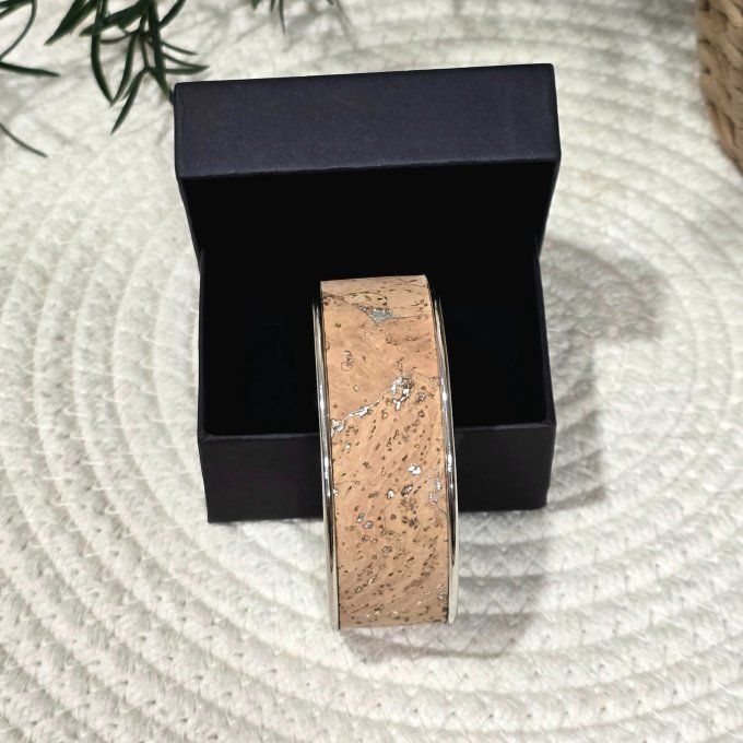 Bracelet manchette 20 mm argenté et liège aux éclats argent