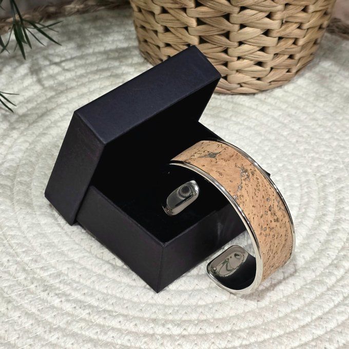 Bracelet manchette 20 mm argenté et liège aux éclats argent