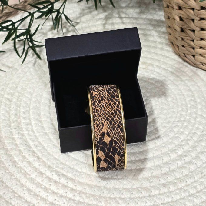 Bracelet manchette 20 mm doré et liège imprimé peau de serpent 